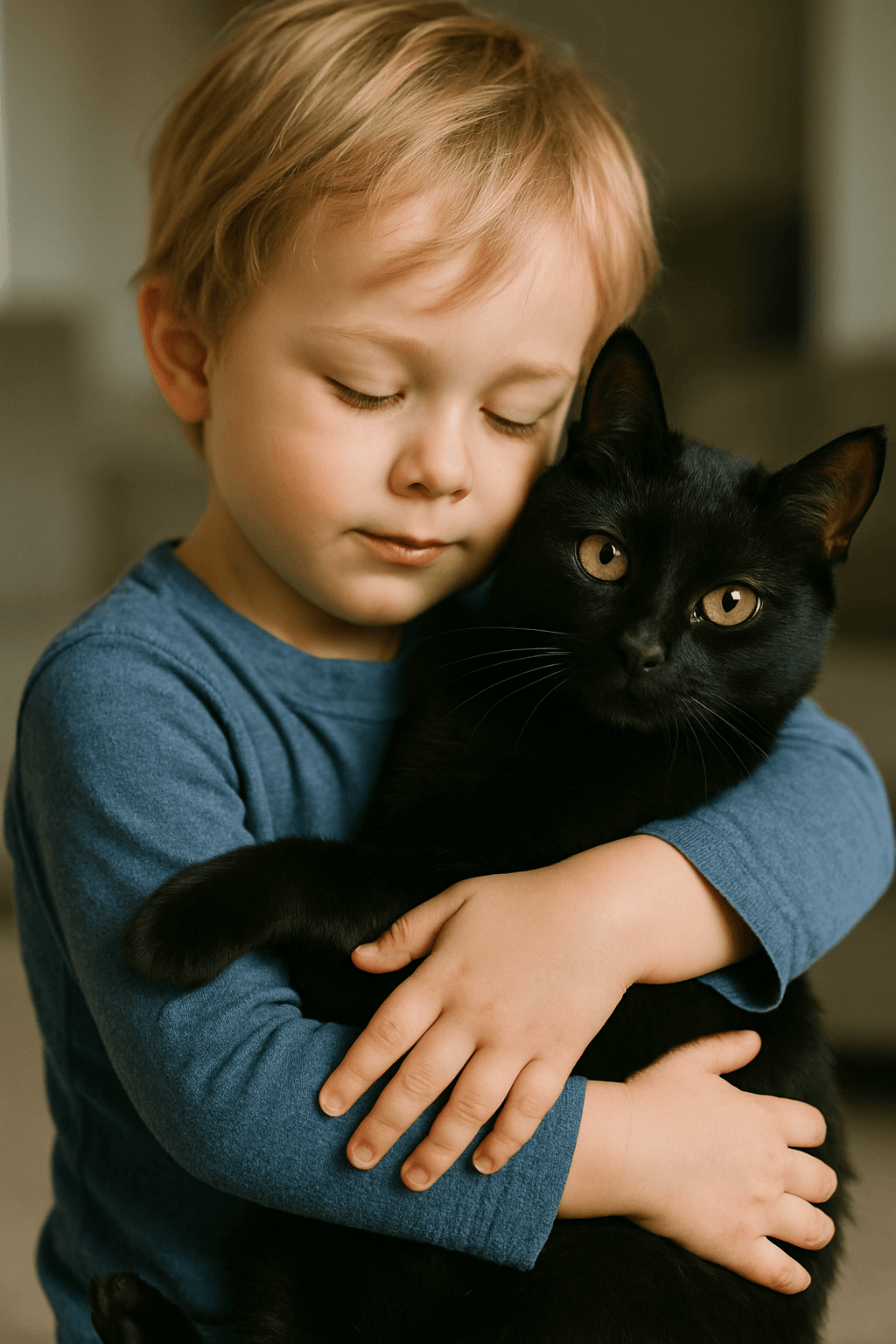 Chat noir dans les bras d’un enfant Chat noir dans les bras d'un enfant